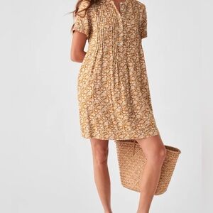 Faherty Gemina Dress Golden Theodora Floral Short Sleeve Pin-tucked Linen Pocket